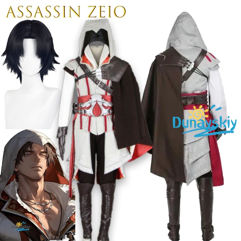Costume de Cosplay Assassin Creed Ezio Auditore, ensemble complet, tenue noire et blanche pour hommes, pour Halloween, Comic Con, jeu de rôle