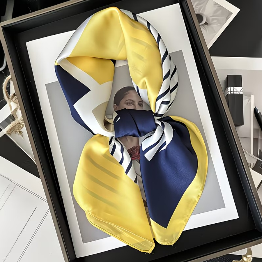 1 écharpe carrée élégante à rayures bleu marine, blanches et jaunes - Matière polyester respirante, très adaptée pour servir de bandeau, de châle et d'accessoire pour les cheveux, design élégant à nouer, idéale pour les tenues décontractées du week-end, accessoire de cou tendance. |     Bandeau à la mode |     Écharpe en satin texturé, Écharpe