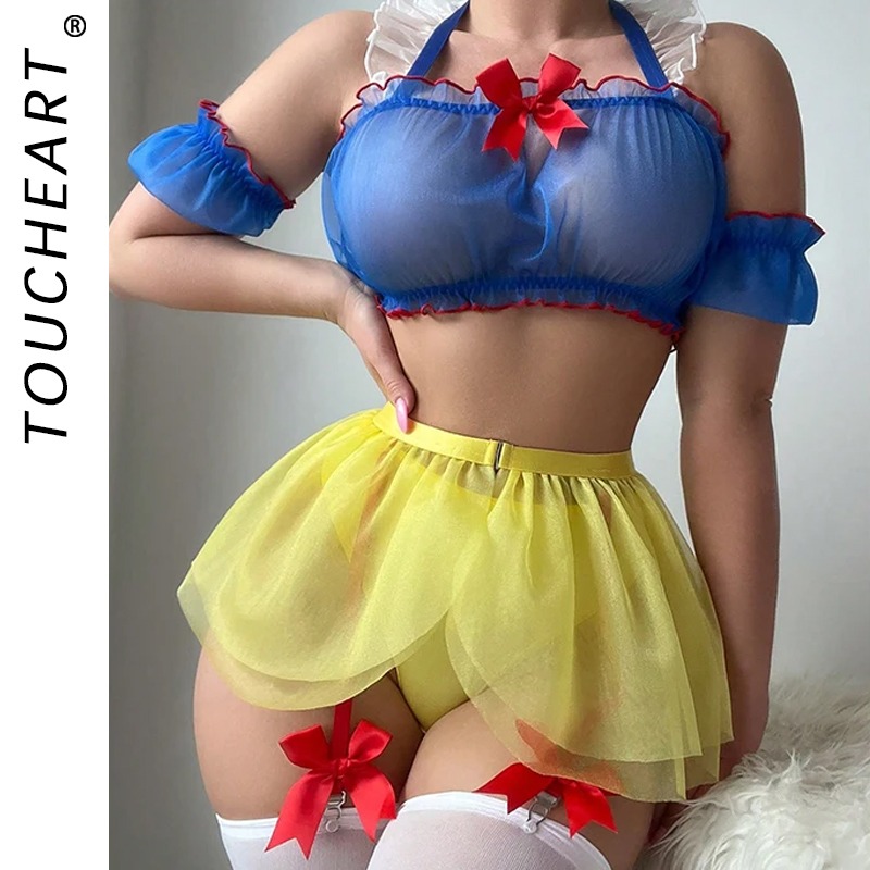 Toucheart – uniforme de Lingerie Sexy, tenue de demoiselle d'honneur, Costume de Cosplay érotique pour femmes, maille transparente, tenue de jeu de rôle, jarretelles