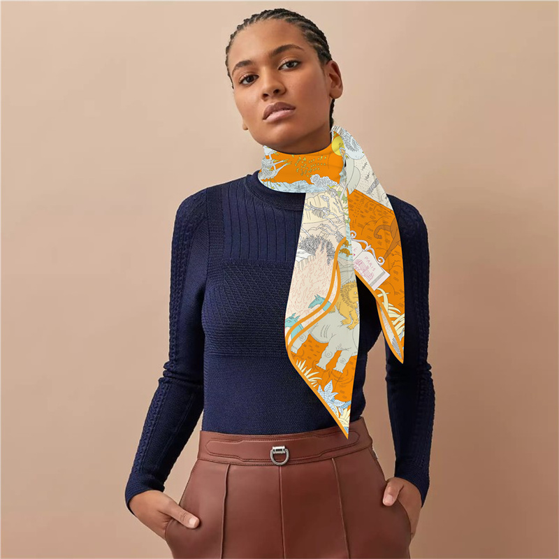 Nouveau design Foulard carré en soie sergé motif Éléphant Cheval pour femme, Hijab, Bandana de luxe, Foulard de cou, Foulard de tête