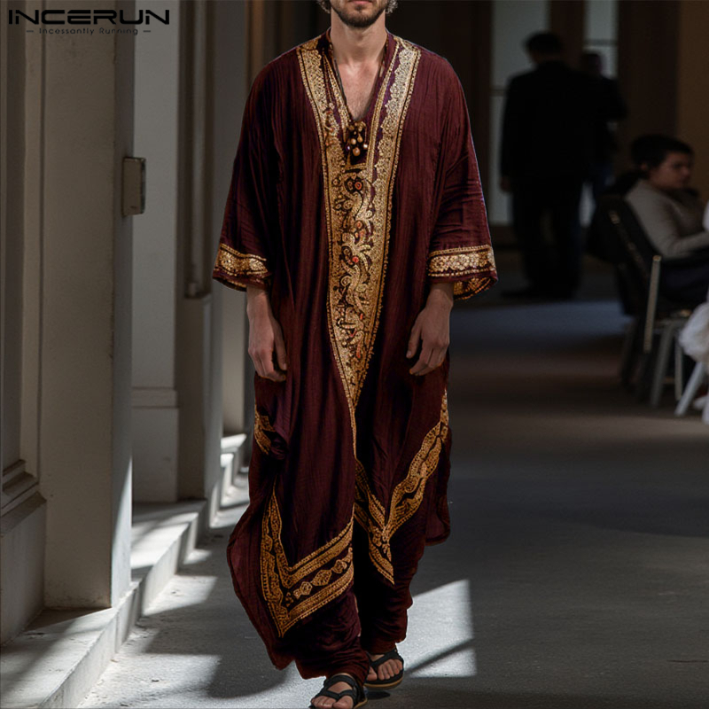 INCERUN hommes Jubba Thobe impression Patchwork col en V à manches longues hommes Robes caftan musulman en vrac 2025 arabe décontracté hommes Caftan Abaya