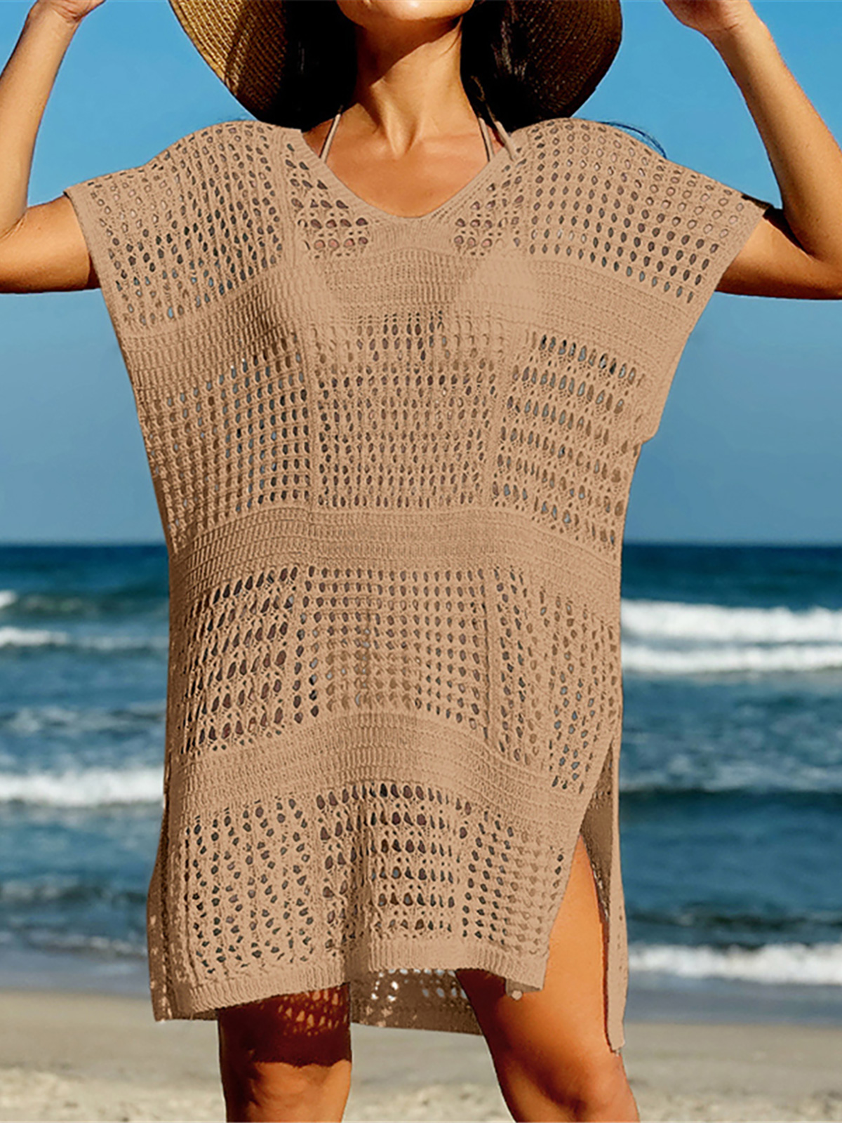 Robe de plage sexy à manches courtes pour femmes, tunique ajourée au crochet, cover-up, vêtements de plage, K5580