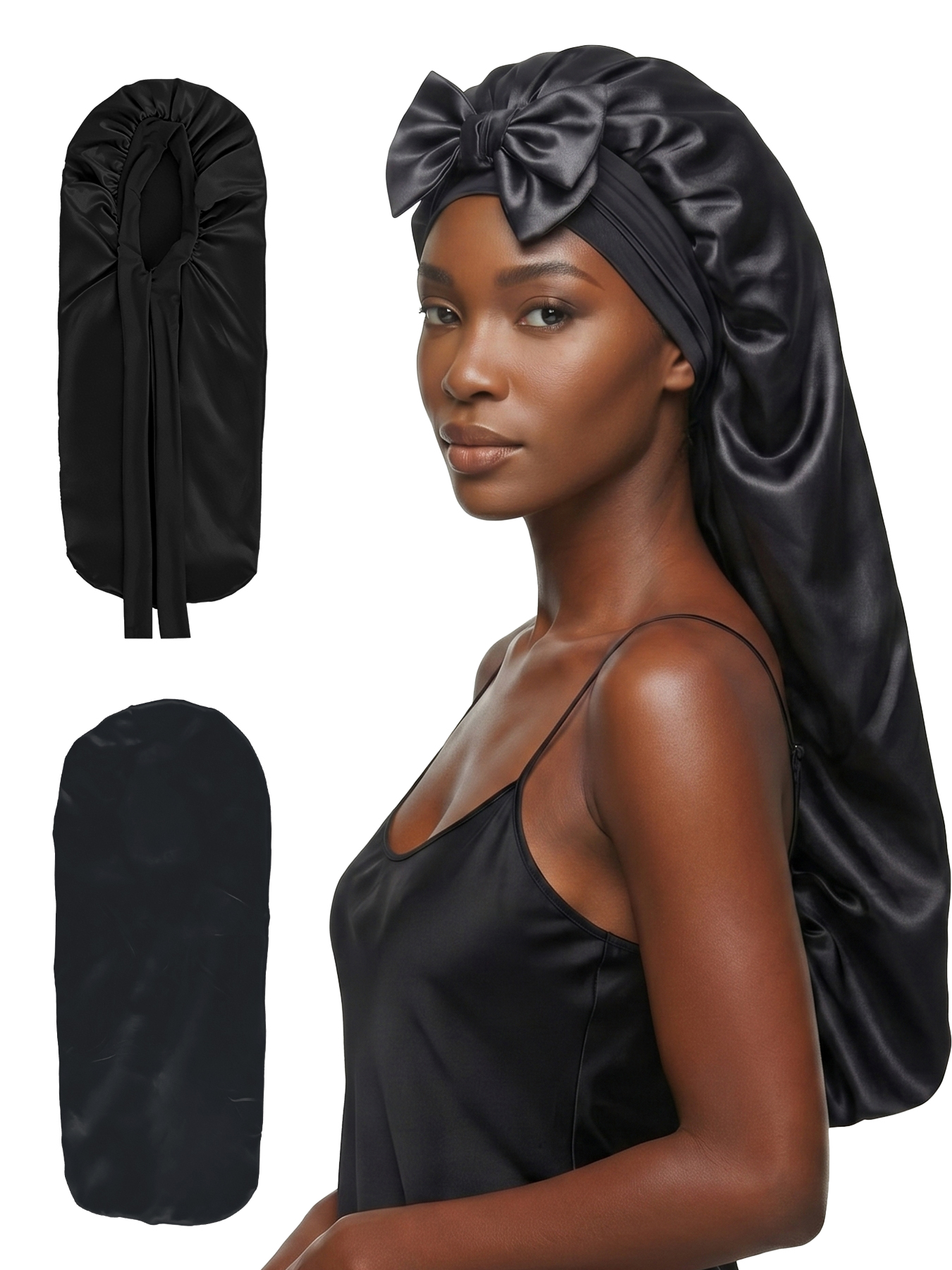 Bonnet en satin doux et soyeux pour femmes, cheveux naturels et bouclés, taille extra large, avec lien pour un sommeil confortable.