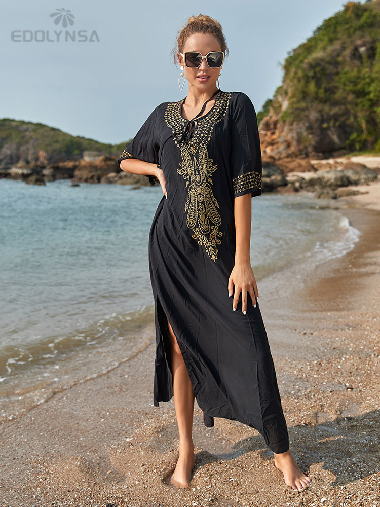 Robe d'été brodée Indie Folk 2026 à manches courtes, tunique en coton, caftan de plage, tenue de plage pour femme, paréo de maillot de bain, robe de plage