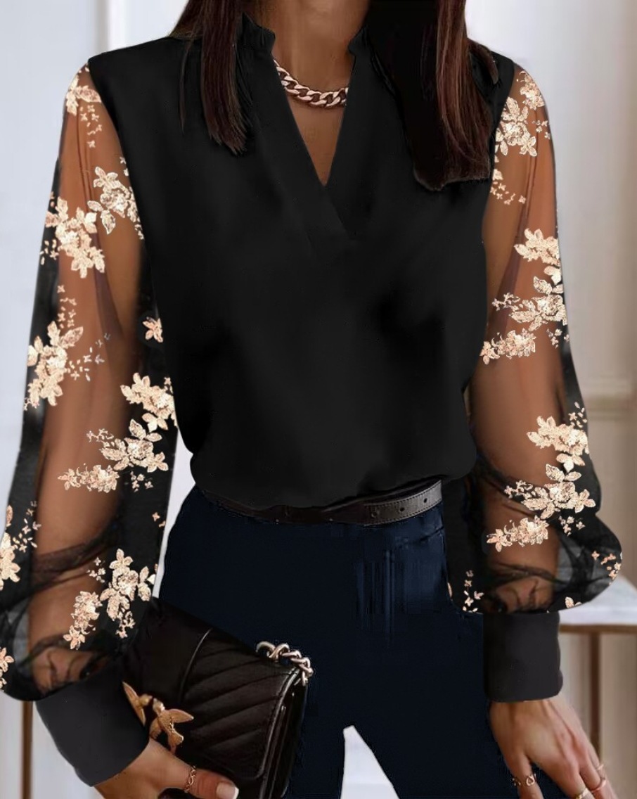 Chemisier pour femme à col en V avec manches longues en dentelle florale transparente et corps uni pour un look élégant au bureau ou en soirée