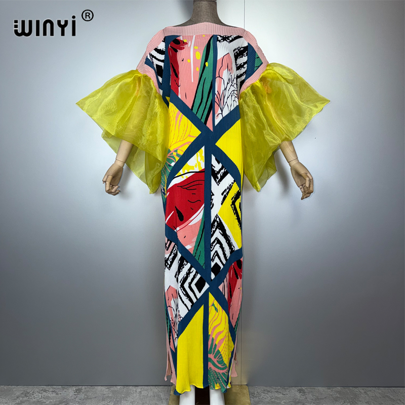 WINYI robe plissée à manches bulles bohème vêtements de plage caftan abaya dubaï robe de soirée de luxe longue robe de soirée femme musulmane