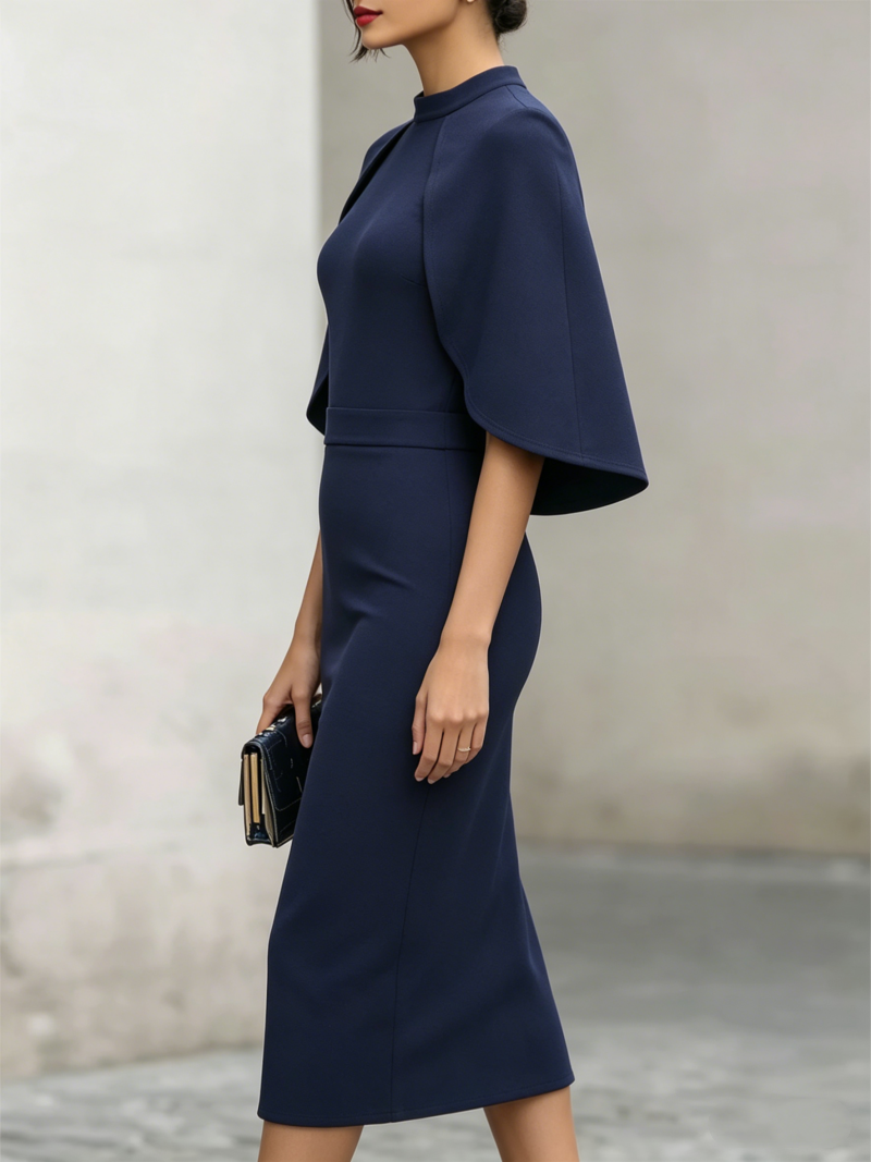 Robe midi élégante à col haut et manches cape, ajustée avec détail à la taille, pour femme, pour occasions formelles et soirées.