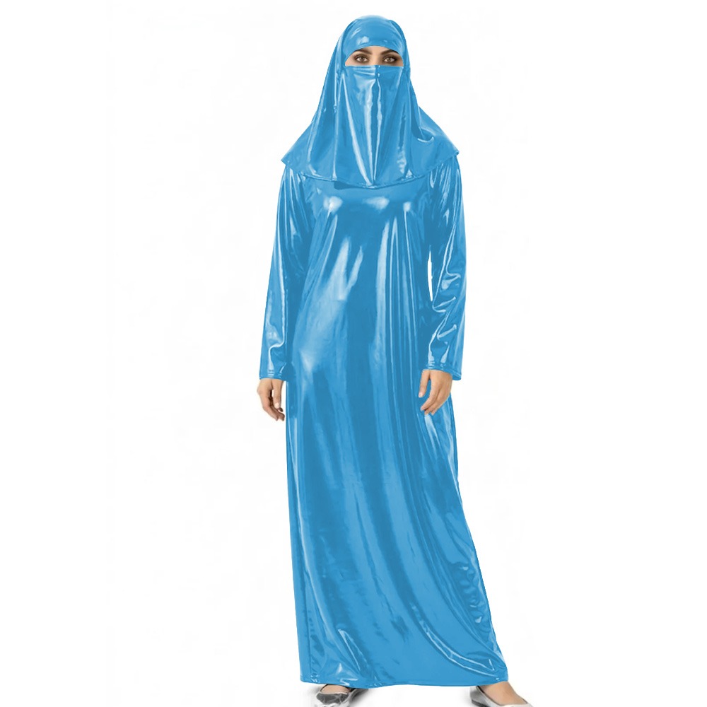 Abaya brillante effet mouillé pour femme avec voile intégré, robe longue en cuir PVC pour Halloween, événements cosplay et occasions à thème