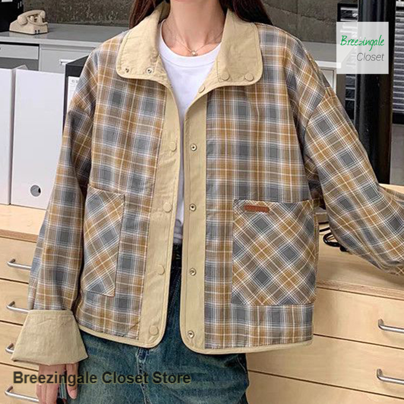Manteau court coréen à deux faces pour femme, nouvelle collection printemps-automne, style décontracté, coupe ample, motif écossais, veste polyvalente.