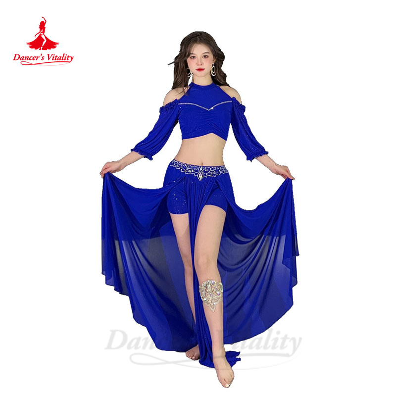 Ensemble de costumes de danse du ventre pour femmes, haut en gaze à demi-manches + jupe fendue avec pierres AB senior, tenue de danse du ventre orientale pour adultes, 2 pièces