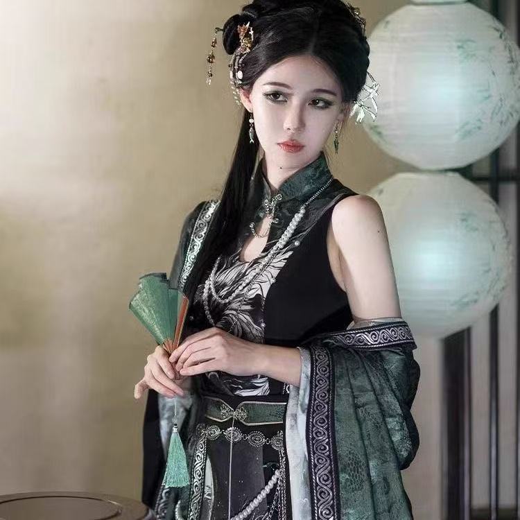 Hanfu – Costume Original de Style chinois pour femmes, éléments Han imprimés, pantalons de chanson, costumes de Cosplay d'halloween, vert noirâtre, COS, nouvelle collection