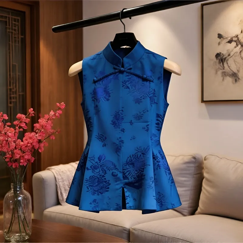 Chemisier élégant de style chinois pour femmes, avec motif floral, col mandarin, sans manches, coupe ajustée, vêtements d'été