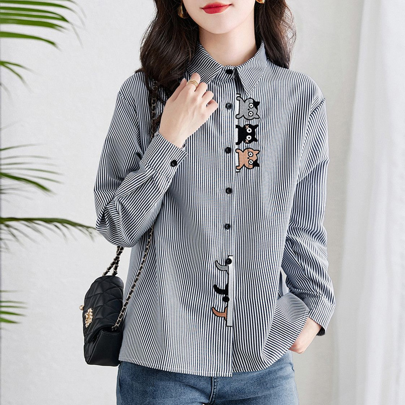 Chemise à manches longues rayée pour femme, cardigan en coton, bouton décontracté, rue haute, élégant, brodé, printemps, automne, mode, nouveau