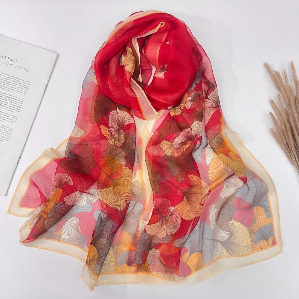 Écharpe en mousseline de soie florale pour femme – Georgette soyeuse 160x50cm, enveloppement de plage d'été léger et hijab de protection solaire