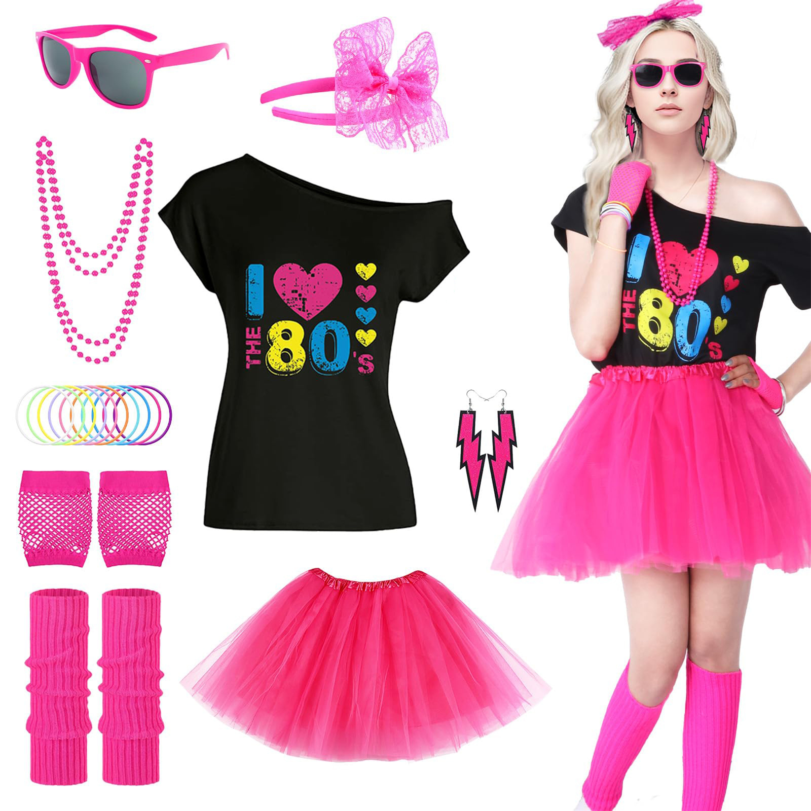 Ensemble de costumes pour femmes des années 80, t-shirt à épaules dénudées, jupe tutu, accessoires, tenue néon pour les soirées rétro, Halloween