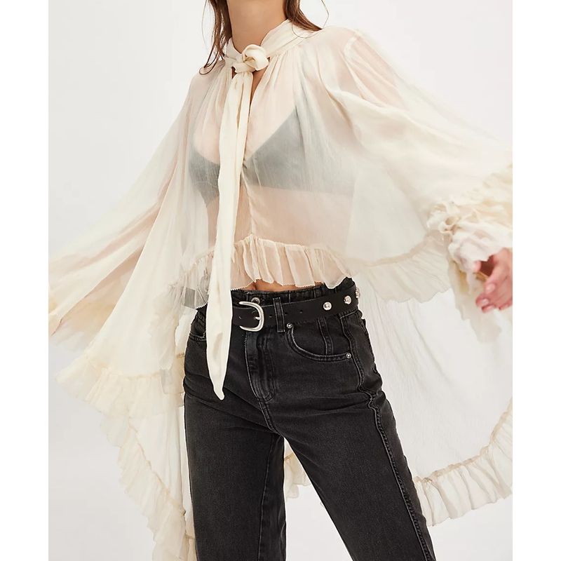 Femmes Chic irrégulière ourlet à volants Cape haut nœud noué cou chemises couleur unie voir à travers coupe ample à manches longues Blouses