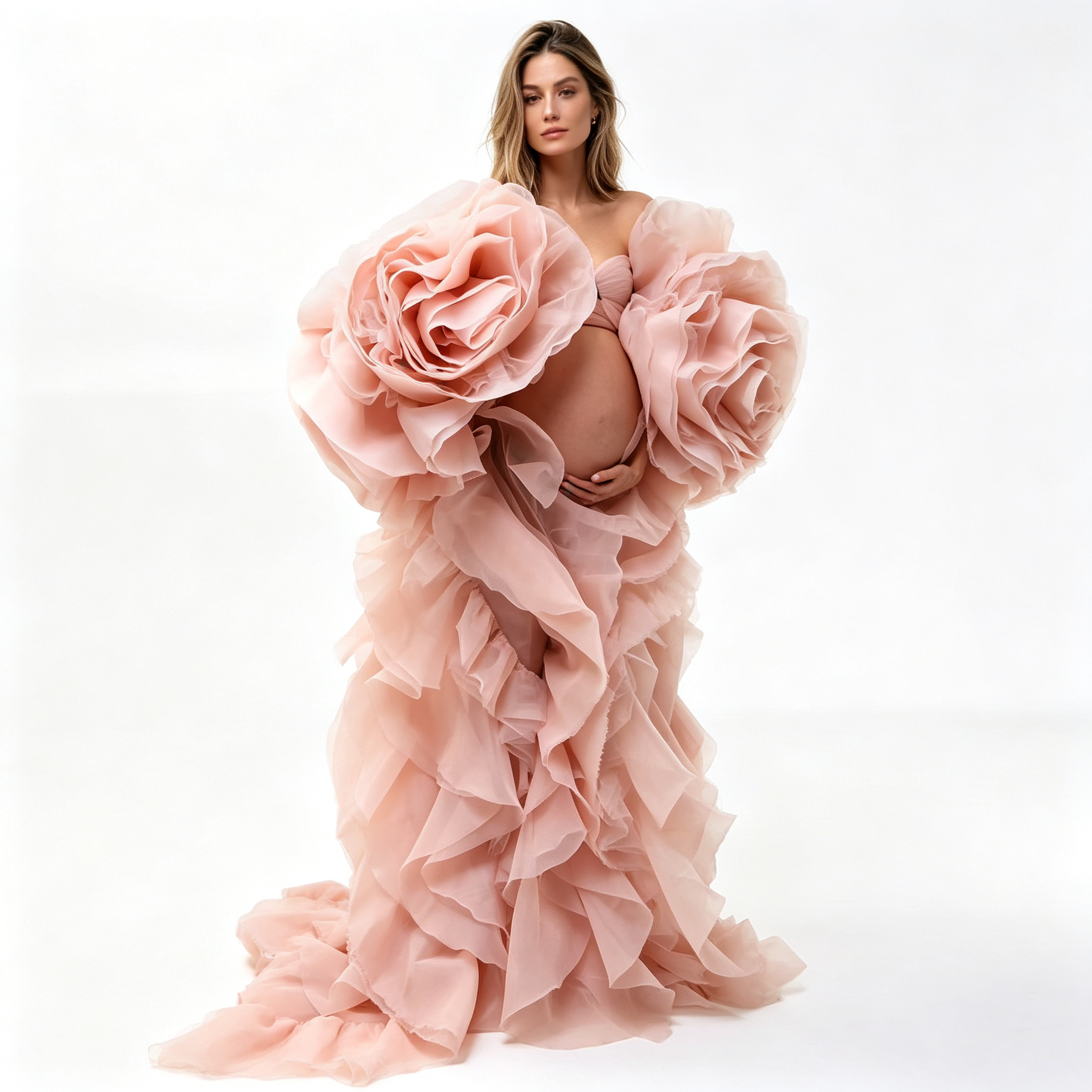 Robe de maternité en organza rose poudré, surdimensionnée, avec grande rose 3D, longue et fluide, en tulle transparent, pour séance photo, baby shower, photo de grossesse.