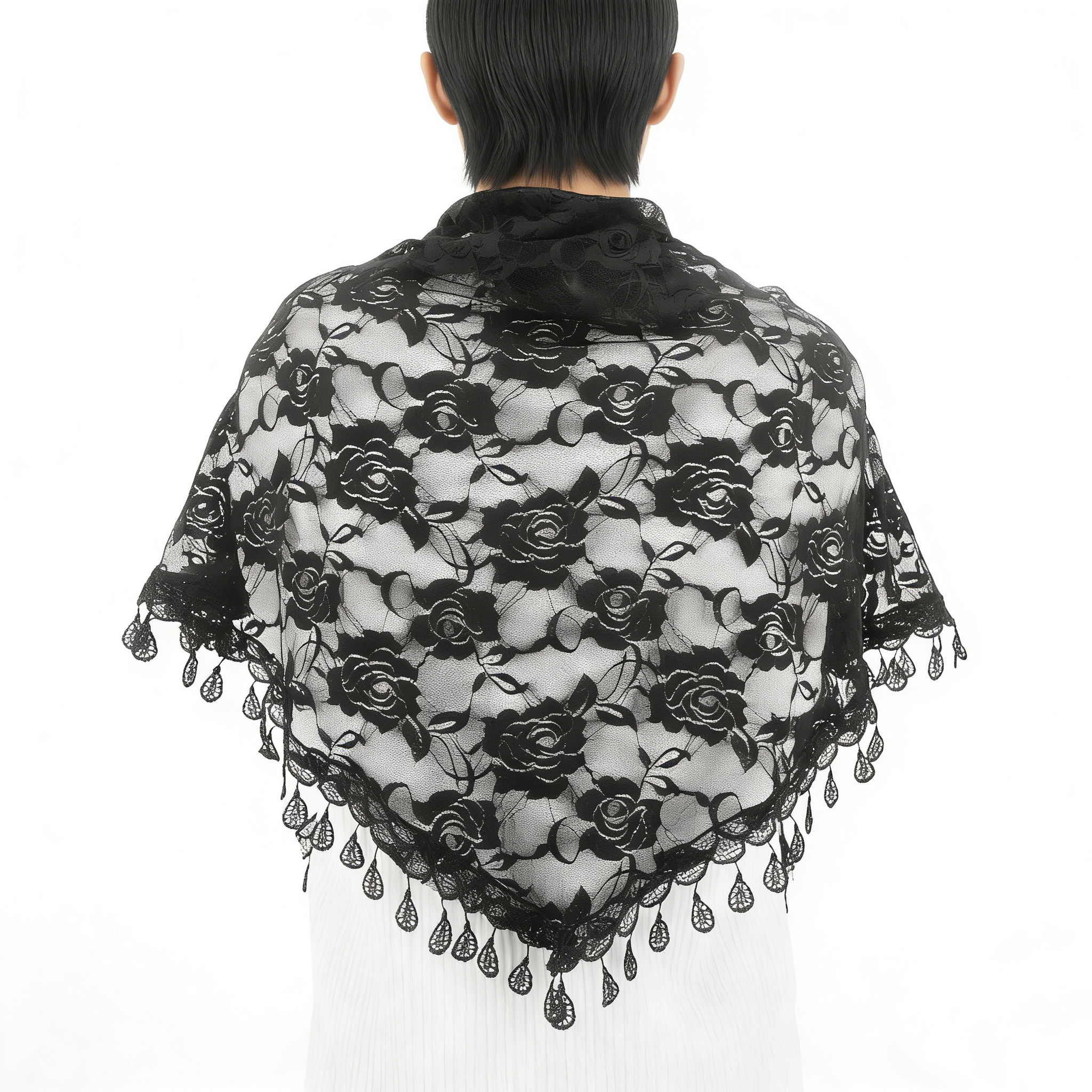 Foulard triangulaire en dentelle brodée de roses avec franges, châle pour mariage, couvre-chef de mariée, accessoire pour robe de soirée ou cheongsam