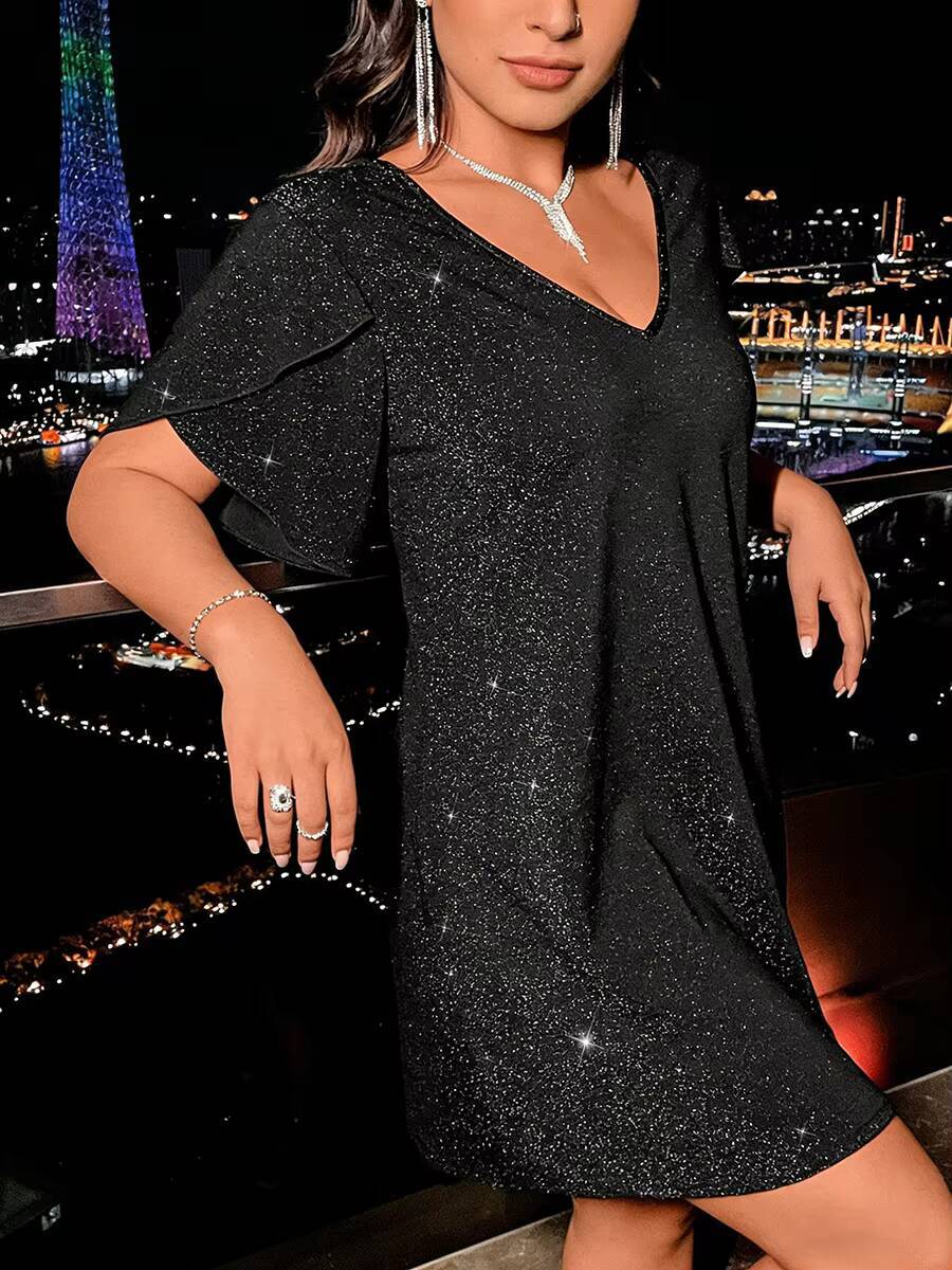 Robe grande taille pour femmes, col en V, manches à volants, paillettes brillantes, robe ample, robe glamour, robe chic printemps-été, robe de soirée légère