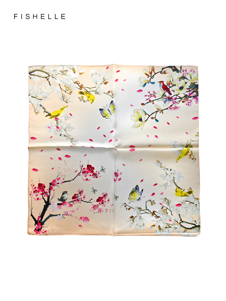 Foulard Carré en Soie Naturelle pour Femme, Petit Mouchoir, Style Chinois, Peinture d'Oiseau et de Fleur