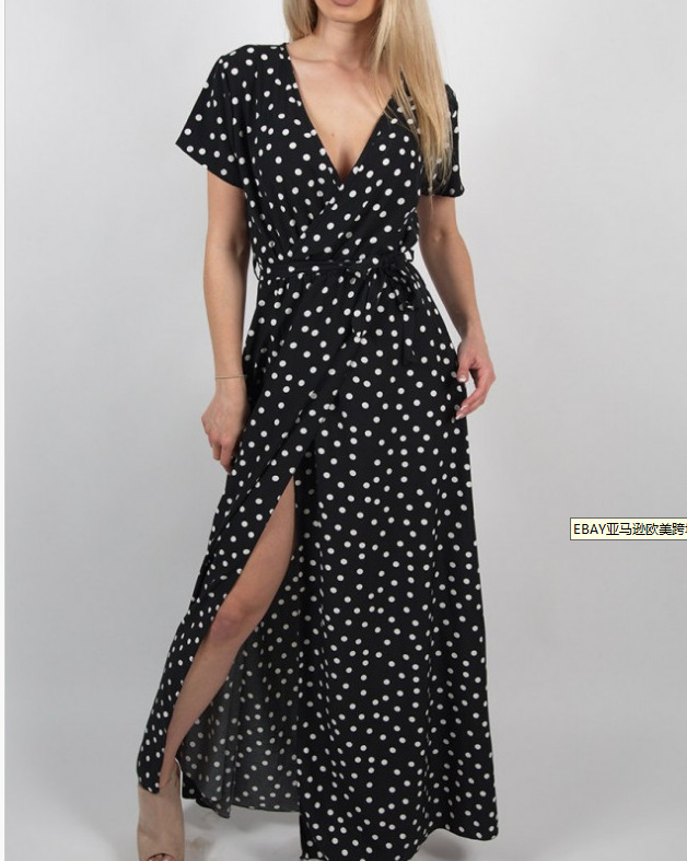 Robe d'été bohème pour femmes, manches courtes, col en v, coupe basse, imprimé à pois, vêtements pour femmes, YFL6256