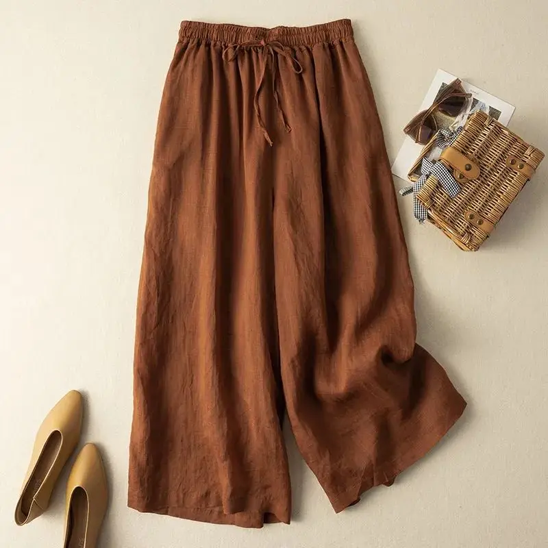 Pantalon en coton et lin noir pour femmes, décontracté, élastique, taille haute, ample, mode coréenne, jambes larges, longueur cheville, 2025