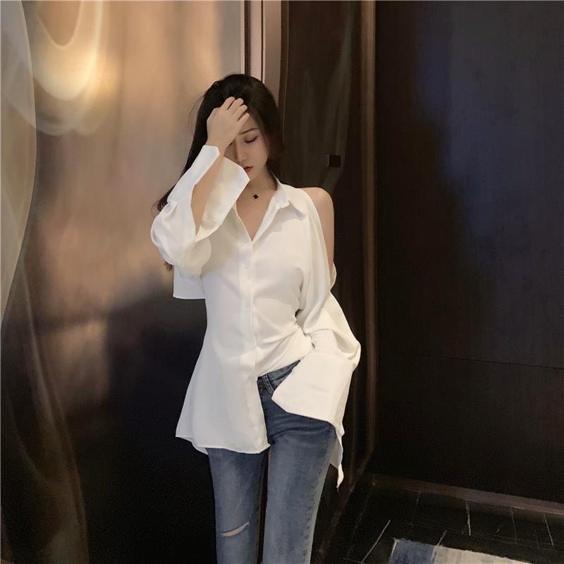 Chemisier à manches longues et col polo pour femmes, chemise dos nu sexy, vêtements coréens élégants, tempérament désactivé, printemps, été, nouveau