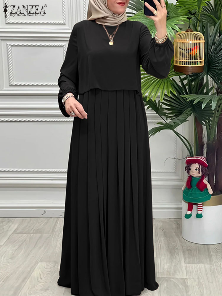 Robes Patchwork Printemps Femme 2026 ZANZEA Abaya Musulmane Élégante à Manches Longues Unie Plissée Robe d'été Vêtements Islamiques