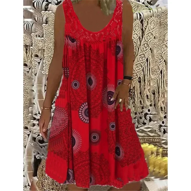 Femmes S-5XL taille numérique imprimé épaules dénudées sexy camisole robe ample dentelle tenue décontractée robe d'été