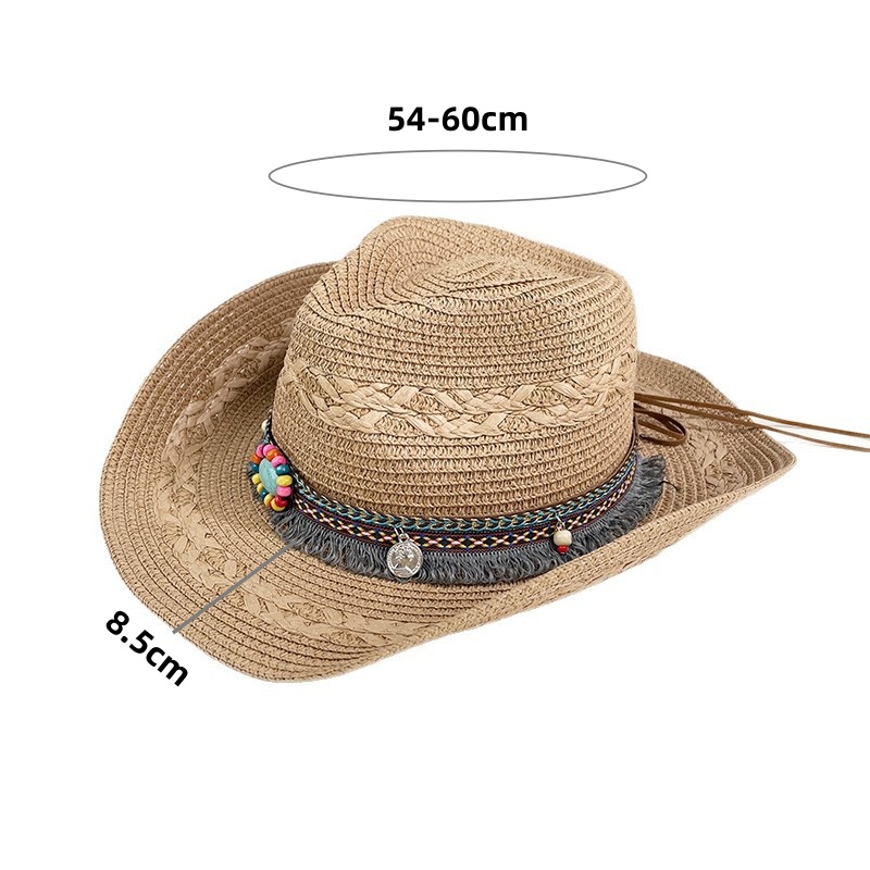 Chapeau de paille tressé style ethnique western à large bord pour la protection solaire estivale, idéal pour les sorties quotidiennes et les vacances à la plage