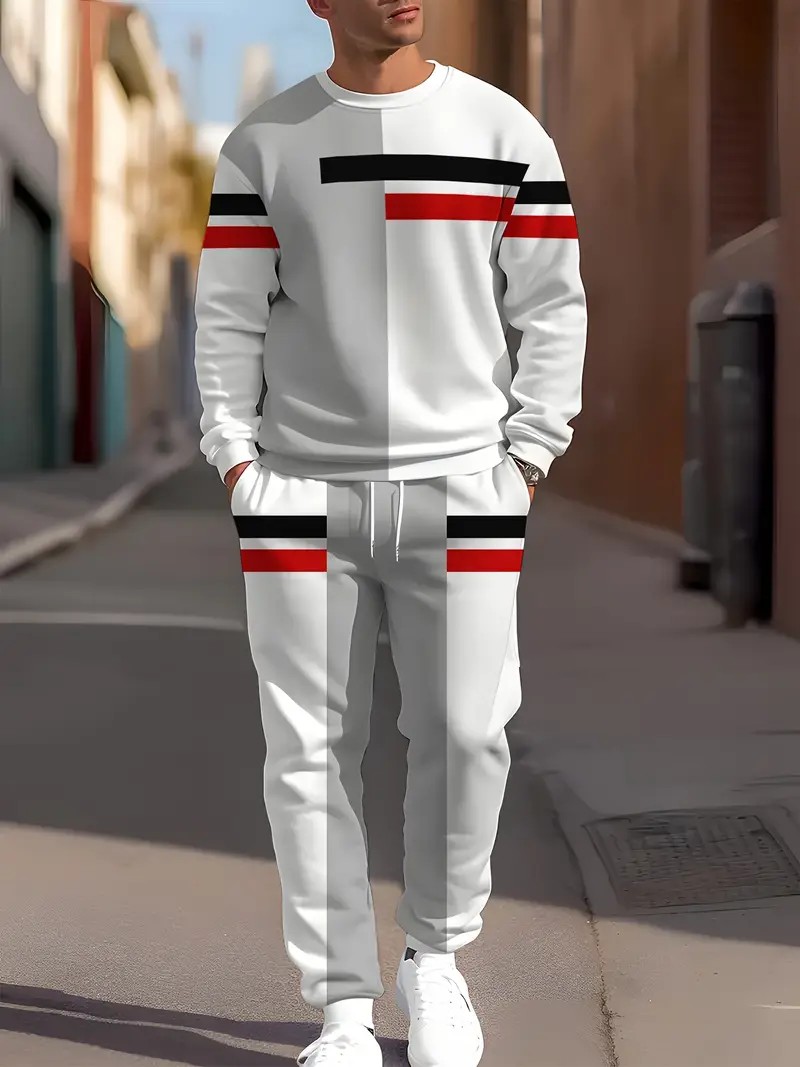 Le nouveau ensemble de sweat-shirt à col rond pour hommes pour le printemps et l'automne 2025 présente une impression de motifs rayés 3D décontractés et confortables
