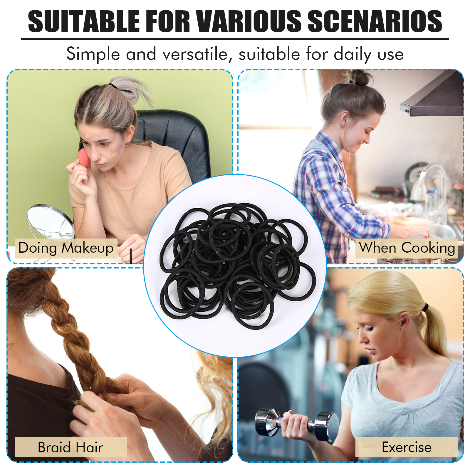Cheveux indolores et Non endommagés, bandeau noir à haute élasticité pour femmes, attache de cheveux Non endommagée, bande en caoutchouc Simple