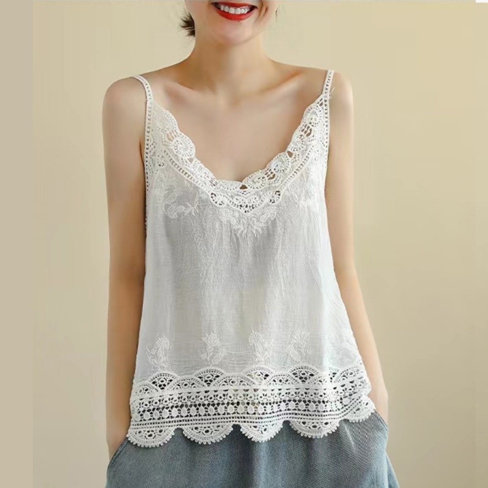 Camisole Rétro Bohème Brodé en Coton et Lin à Col en V, Sans Manches, Motif Floral