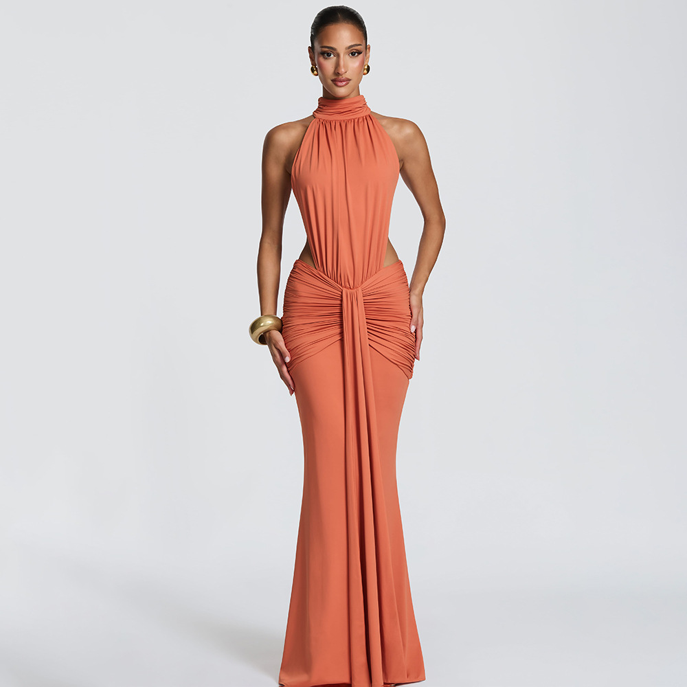 Robe longue de luxe à col roulé et dos nu pour femme, sexy, élastique, moulante, ajourée, maxi, pour soirée d'été, club, marron, noir, rouge