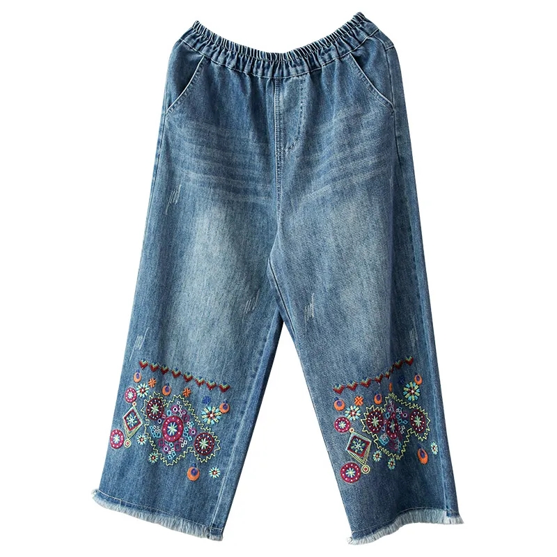 Jeans de style ethnique pour femmes, collection Printemps-Automne 2026, élastiques, taille haute, brodés, amples, coupe large, longueur 7/8