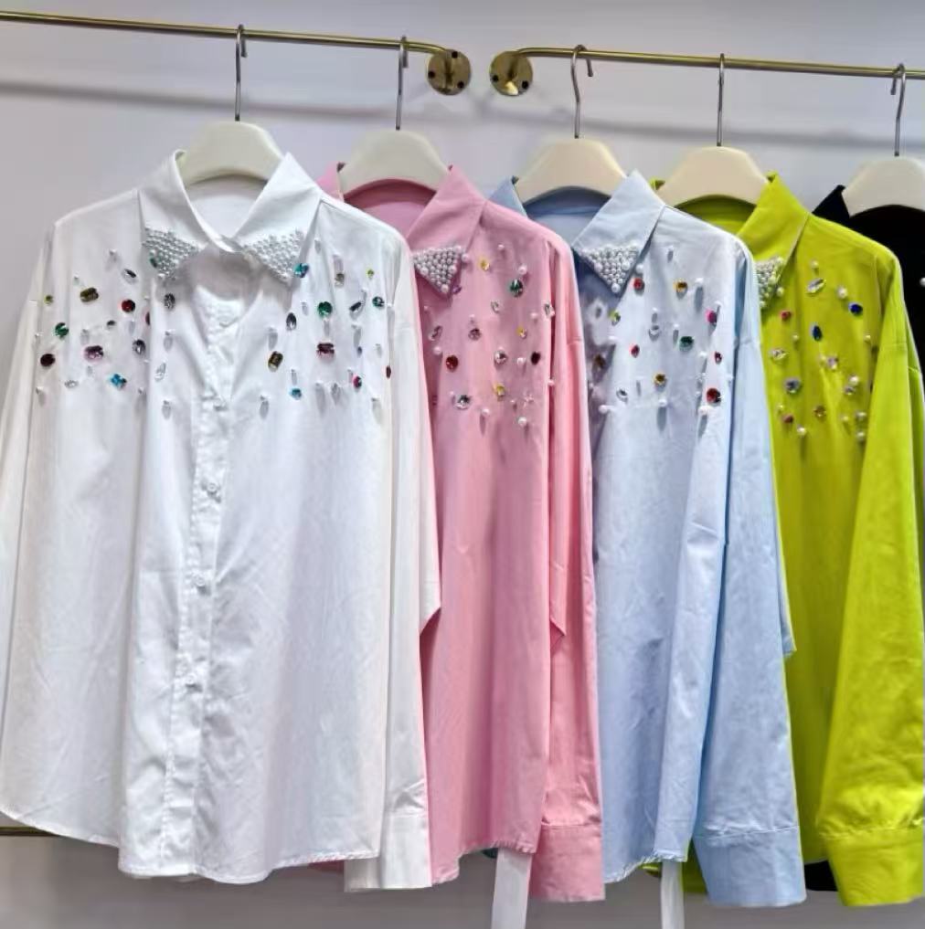 Chemises élégantes en perles pour femmes, chemisiers amples à manches longues pour dames, mode Y2k, nouveaux hauts Chic pour femmes, vêtements pour femmes