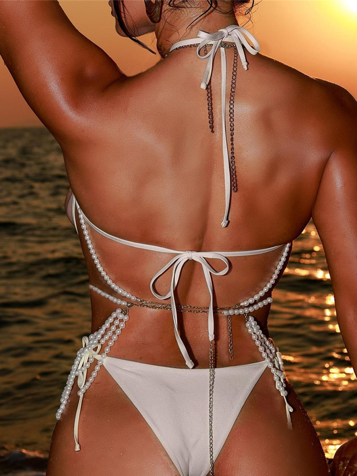 Ensemble bikini quatre pièces 2026 avec perles et perles de culture, maillot de bain halter pour femme, tenue de plage V8223