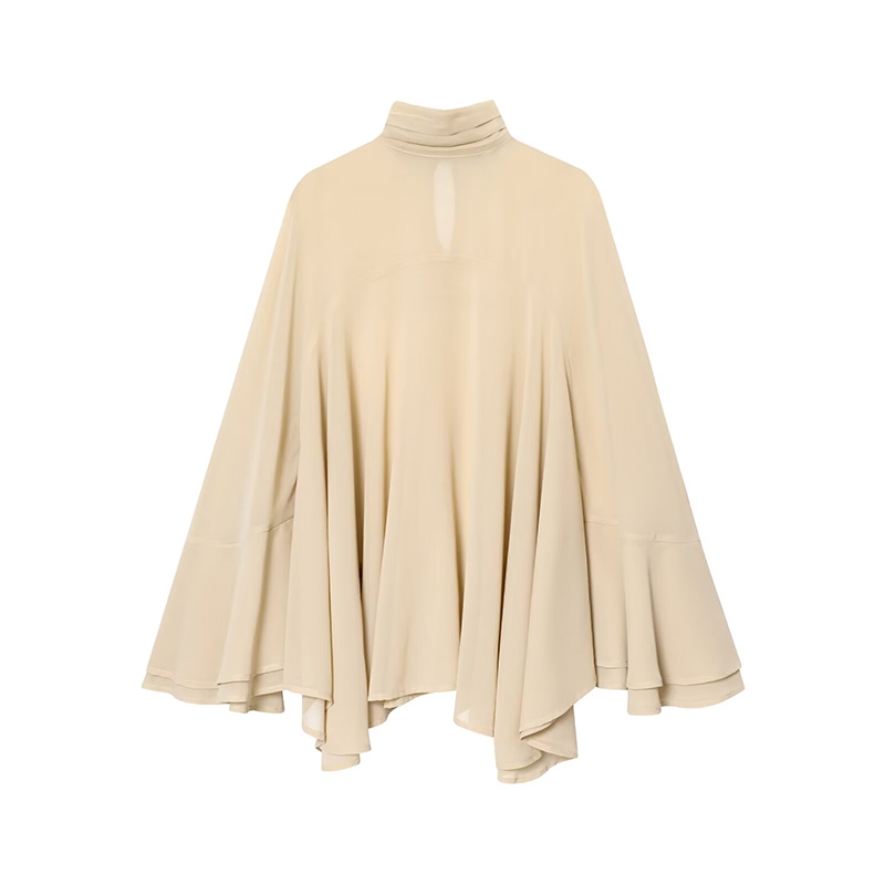 YENKYE nouvelle mode col haut Cape haut pour femmes élégantes ourlet asymétrique chemisier en mousseline de soie ample