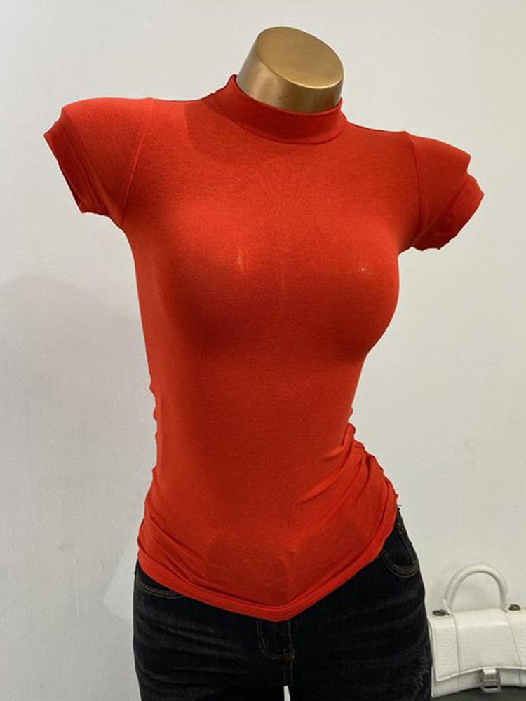 T-shirt à col mi-haut coréen transparent à manches courtes, ajusté, élastique, uni, idéal comme sous-vêtement, sexy, pour poitrine généreuse.