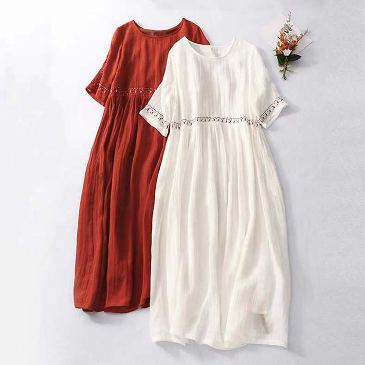 Robe d'été grande taille haut de gamme, style artistique rétro, ample, en coton et lin, coupe évasée, manches courtes, longueur mi-longue