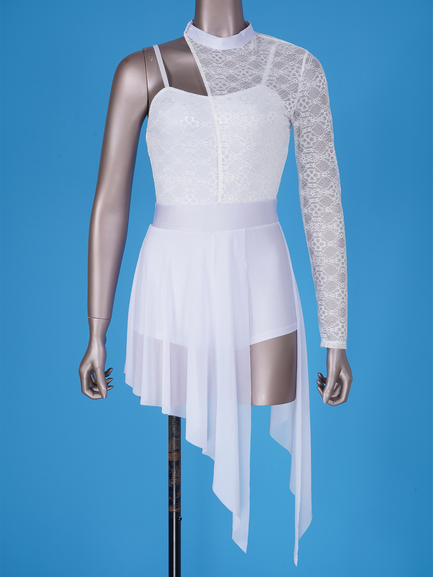 Robe de danse lyrique pour femmes, asymétrique épaule dénudée, manches longues, dentelle transparente, robes de justaucorps de gymnastique, vêtements de danse contemporains modernes