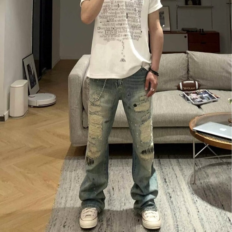 Jean pour homme vintage déchiré et délavé, coupe droite, broderie, style bootcut, bleu