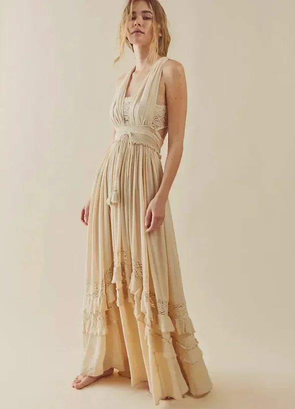 Canwedance été robe de plage sans manches coton Maxi robes Style Boho couleur unie dentelle à volants robe d'été Mujer robes