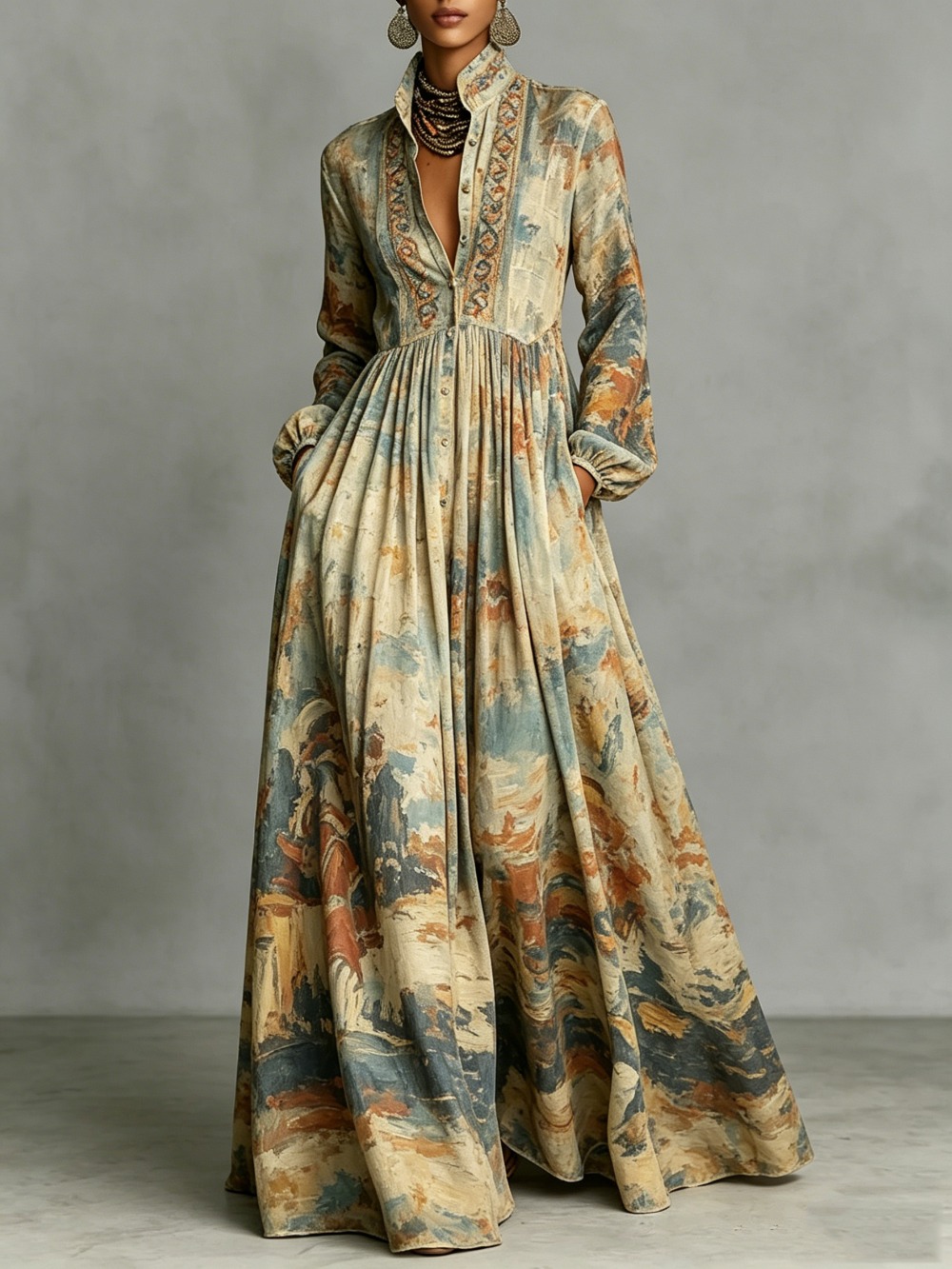 Robe longue vintage bohème pour femme à manches longues, imprimé artistique, boutonnée, taille haute, décontractée, élégante, pour soirée, tenue chic