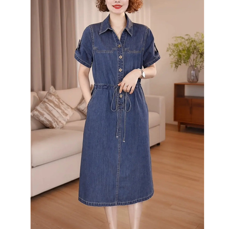 Robe en jean pour femme, nouvelle collection été 2026, à manches courtes, simple boutonnage, coupe ajustée, élégante et décontractée, avec poches