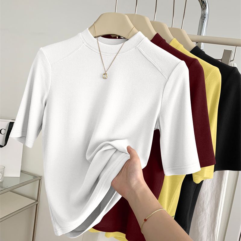 Haut à manches mi-longues pour femme, printemps-automne, col montant, coupe ajustée, nouveau t-shirt polyvalent, vêtement décontracté et tendance