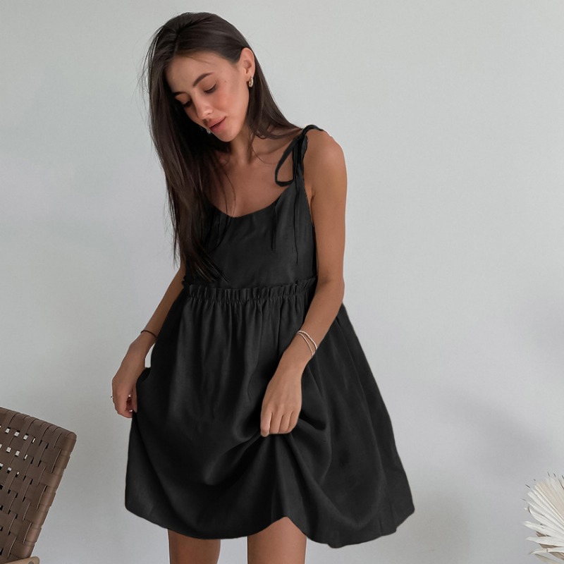 Robe à bretelles en coton et lin pour femmes, style de plage, fausse robe décontractée, bord à volants doux, robe à bretelles A-Line, printemps et été