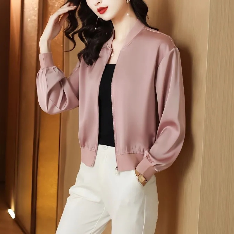 Manteau court en soie pour femmes, col de Baseball lisse, veste courte printemps/été, chemise de protection solaire, haut à manches longues avec fermeture éclair, à la mode, 2025