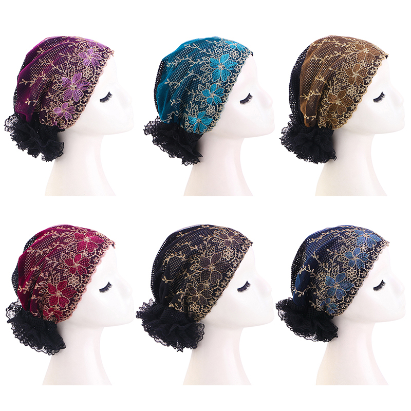 Nouveau turban en dentelle noire respirante pour femmes, chapeau en dentelle florale, foulard musulman, couvre-chef islamique