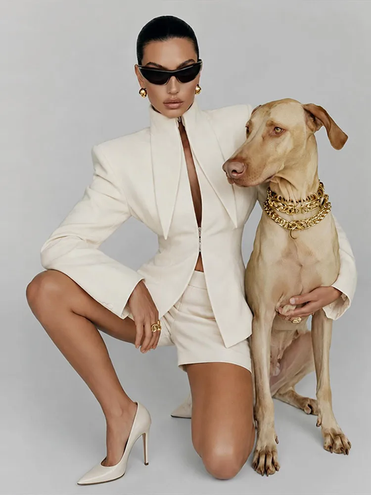 Ensemble tailleur short 2 pièces pour femme – Manteau uni à col montant et manches longues avec short – Tenue chic et élégante pour l'été et l'automne 2026